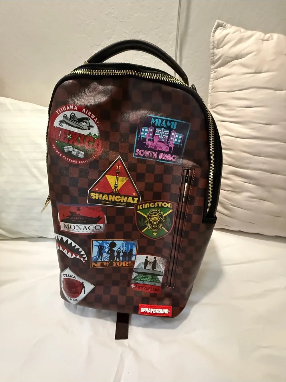 Sprayground Brown Checkerboard Travel Patch Backpack
